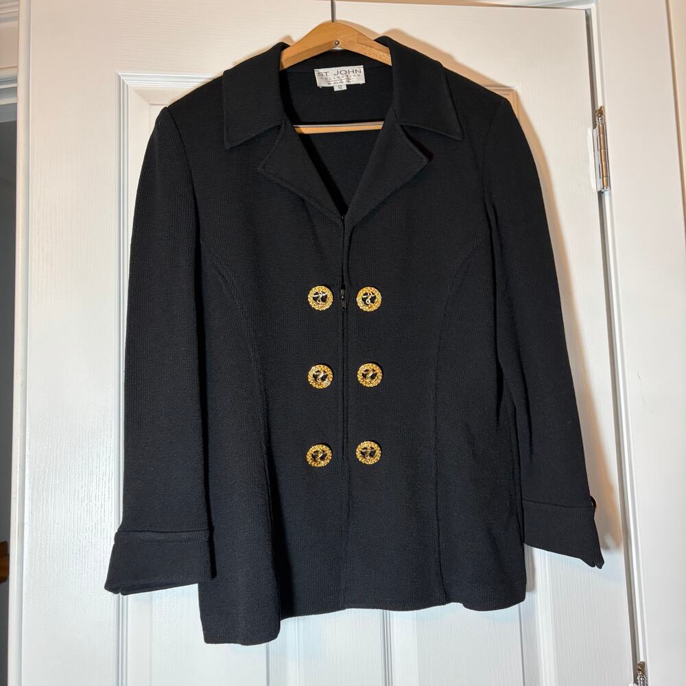 VTG St John Collection Marie Gray womens black knit jacket. Sz 10. gold buttons. - Picture 6 of 7